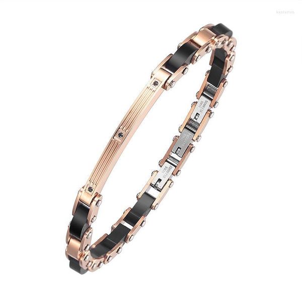 Pulseras con dijes Moocare Pulsera de acero inoxidable de oro rosa de madera negra de alta calidad con incrustaciones de circón Marca de curva delgada Kent22