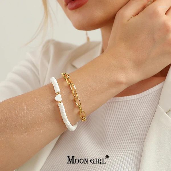 Braceletas Charmet Mother of Pearl Heart Pulsera para mujeres Color dorado de acero inoxidable Capas doble pulseras Femme Femme Moon Girl Design