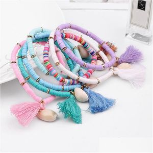 Pulseras con dijes Mticolor Bohemian Shell Tassel Bracelet 7 colores Ehthic Beach Boho Declaración Cadena de cuerda de algodón tejida para mujeres Drop Dhacv