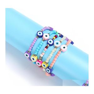 Bracelets de charme Mticolor Evil Eye Bracelet Ensemble Amant Mignon Été Plage Bijoux Doux Polymère Argile Disque Élastique Pour Femmes Drop Livraison DHFQY