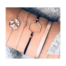 Bracelets porte-bonheur Mtilayer Bracelet Punk Retro Palm Map Perle numérique Gem Sier Chaîne en cuir Pendentif Set Femme Luckyhat Drop Delivery J Dhyxs