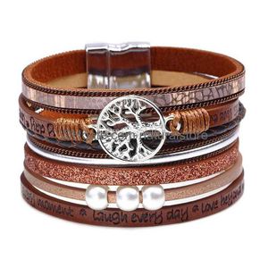 Pulseras con dijes Mtilayer Árbol de la vida Ríete todos los días Pulsera Hebilla magnética Cuero Mujeres Muñequeras Puños Will y Sandy Moda Dr Dhnmt