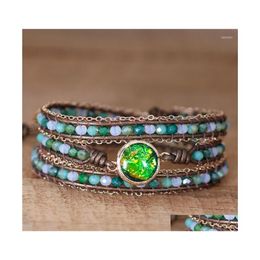 Bracelets porte-bonheur Mtilayers 3 brins Bling cristal vert Teengirls perles d'opale Bracelet en cuir Bijoux bohème Bijoux Drop Deliv Dhnnj