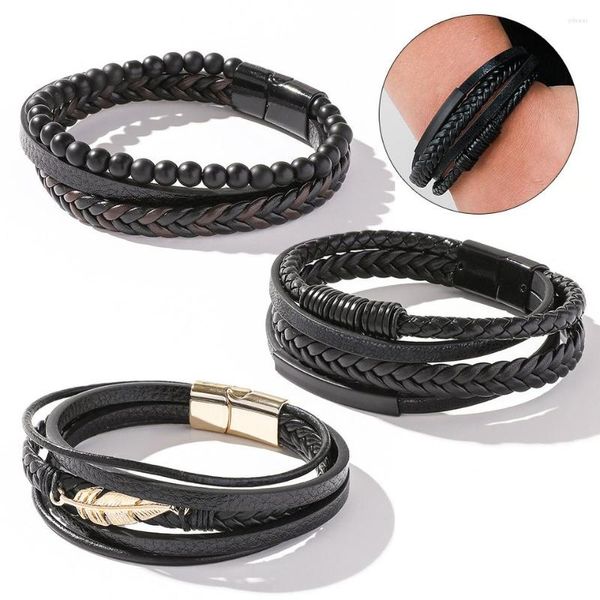 Pulseras con abalorios, accesorios con forma de pluma de cuero multicapa, pulsera para hombre, moda clásica, tejido Punk, regalo de cumpleaños