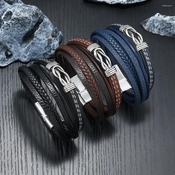 Pulseras de encanto Pulseras de cuero de múltiples capas tejidas Tendencia Pulsera para hombres Hebilla magnética Punk Joyería de moda y personalizada