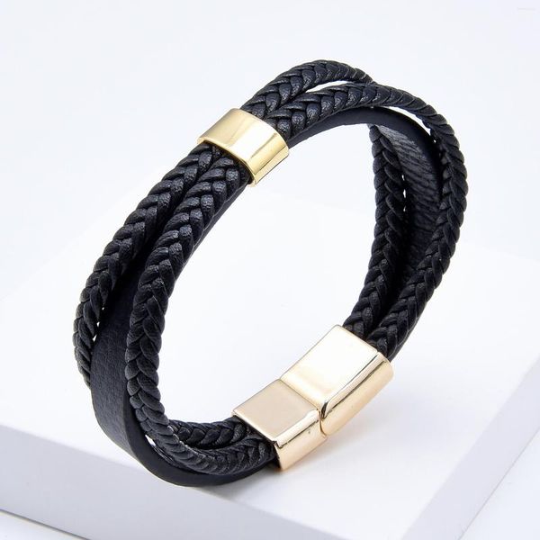 Bracelets porte-bonheur multicouche tissé cuir corde chaîne classique alliage boucle magnétique hommes Bracelet mode bijoux en gros