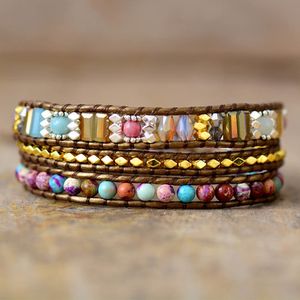 Bracelets porte-bonheur multicouche Boho cuir Wrap haut de gamme jaspes impériaux cristal fait à la main cordon perlé Bracelate Homme femmes Bijoux 230216