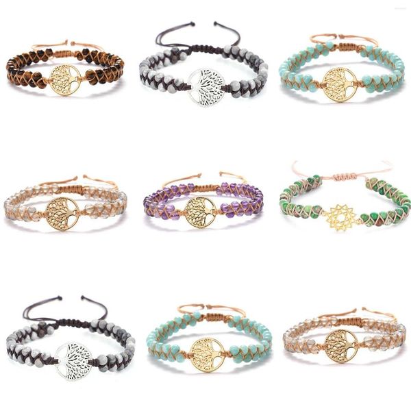 Bracelets de charme multicolore bohème pierre naturelle ronde arbre creux charmes femmes chaînes de corde bijoux faits à la main 18 cm (7 1/8 