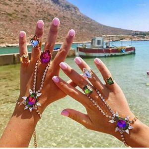 Pulseras con abalorios, pulsera de cadena para la muñeca con gota de agua grande de cristal Multicolor, joyería para dedos conectados para mujer, arnés de mano con diamantes de imitación