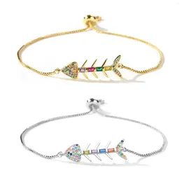 Pulseras con dijes Multicolor Cubic Zirconia Crystal Lovely Ocean Fishbone Pulsera Mujeres Latón chapado en oro CZ Piedras Joyería ajustable Her