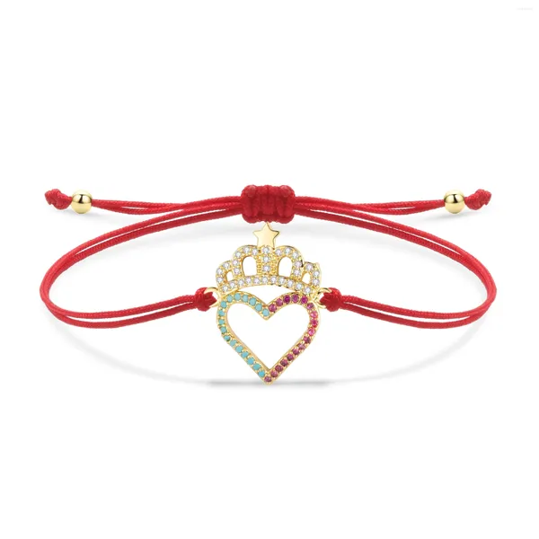 Pulseras con dijes Multicolor CZ Crystal Lovely Crown Love Peach Heart Pulsera Mujeres Cubic Zirconia Piedras Red String Joyería hecha a mano Regalo