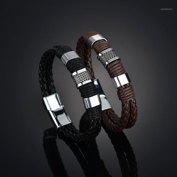 Bracelets de charme Bracelet en cuir tressé multicouche Hommes Fermoir magnétique en acier inoxydable Bracelet tissé à la mode Bracelet Pulsera Hombre1