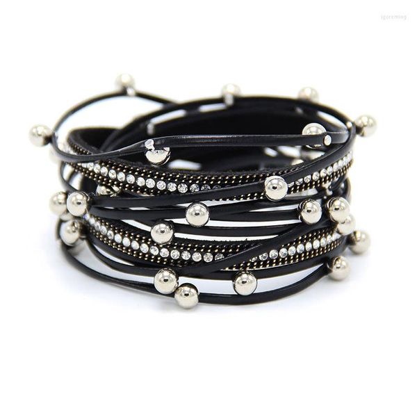 Pulseras con dijes, envoltura multicapa para mujer, trenza de aleación de cuero, diamantes de imitación, cierre magnético, brazalete, pulsera para mujer, regalos de joyería de moda