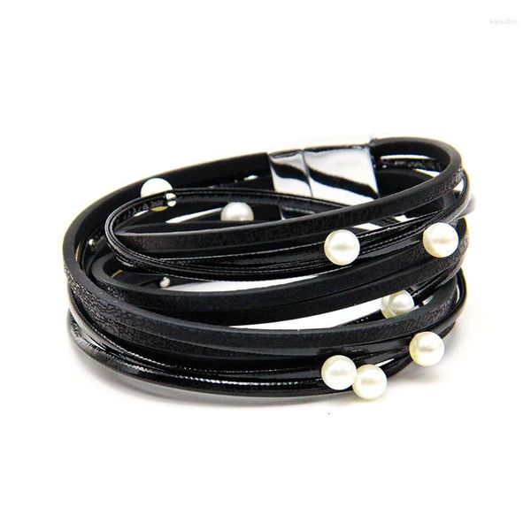 Bracelets porte-bonheur multicouche Wrap cuir pour femmes alliage fermoirs magnétiques perle Bracelet brassard bijoux de mode Pulseras Mujer
