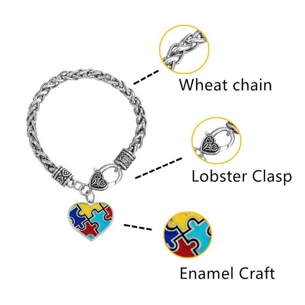 Bracelets de charme Ma forme émail sensibilisation à l'autisme pièce de puzzle coeur griffe de homard Bracelet à la mode bracelets homme et femme 1315V