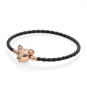 Pulseras con dijes Mybeboa Plata sólida 925 Momentos Seashell Rose Sparkling Lion Princess Pulsera de cuero negro para mujeres Joyería de bricolaje todos los días