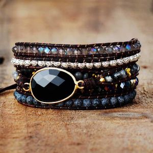 Bedelarmbanden Inheemse geïnspireerde designer lederen armband Black Onyx Mix 5 strengen geweven wrapbangen Boheemse sieraden dropship 230216