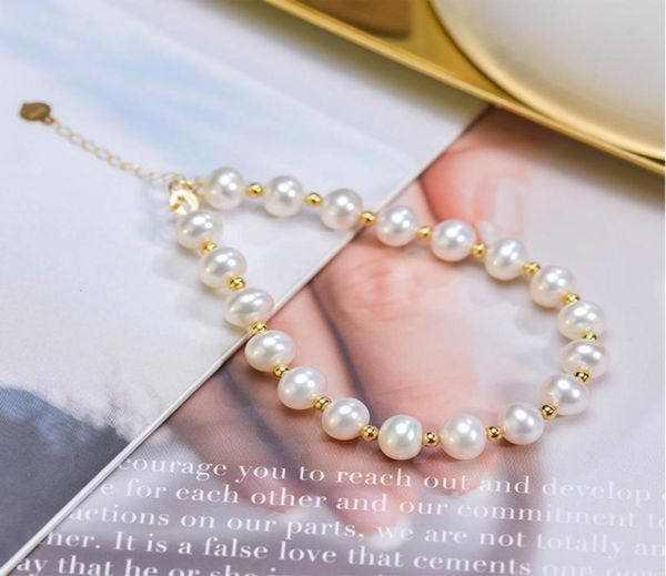 Bracelets de charme Natrual Round Perle d'eau douce pour les femmes Real 18K Yellow Gol Strand Baby Girl Gift 2303074313797