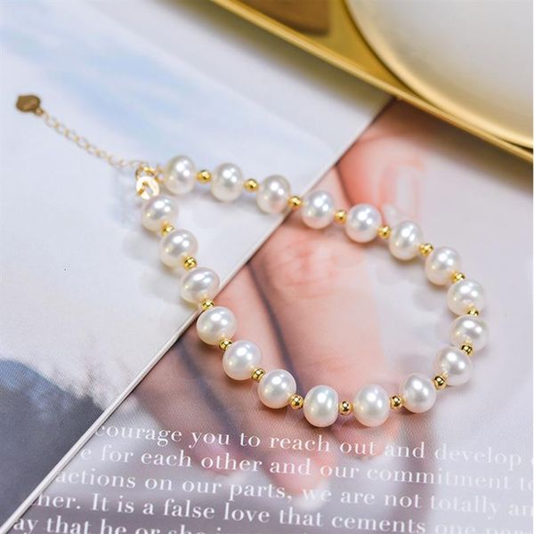 Pulseras con dijes Perla de agua dulce redonda natural para mujer Real 18k Oro amarillo Strand Baby Girl Regalo 2303073446