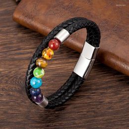 Bracelets de charme Natural 7 Chakra Perle Stone Classic Cuir authentique en acier inoxydable Bracles Mandala Yoga Méditation Men Bracelet Femmes