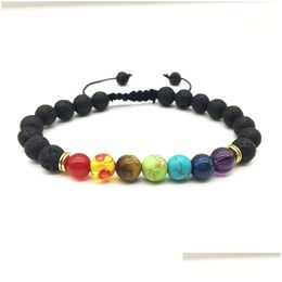 Bracelets de charme Naturel 7 Chakra Noir Lava Stone Weave Bracelets Aromathérapie Huile Essentielle Diffuseur Bracelet Pour Femmes Hommes Bijoux D Dh2Zw