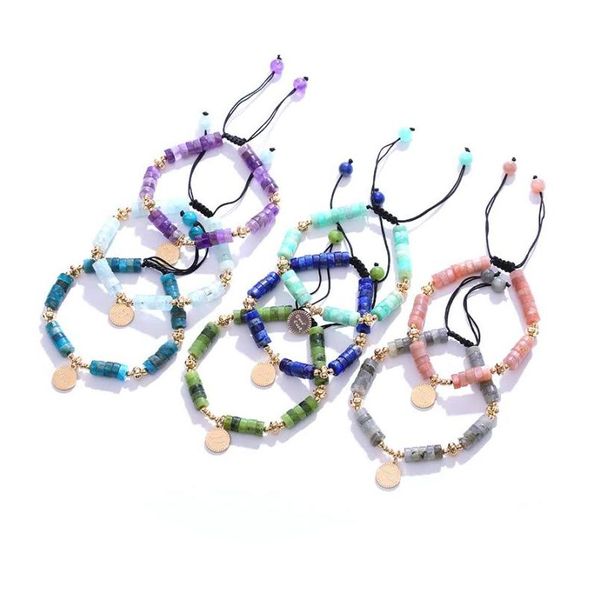 Bracelets de charme Bracelet de perles d'améthyste aigue-marine naturelle à la main réglable pilier pierre bijoux en perles pour femmes livraison directe Dhtwr