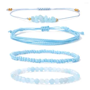 Bracelets de charme Aigue-marine naturelle Perles de pierre Bracelet de corde à la main 4pcs / Set Cordon multicouche Cordon Surfer pour femmes Hommes Bijoux
