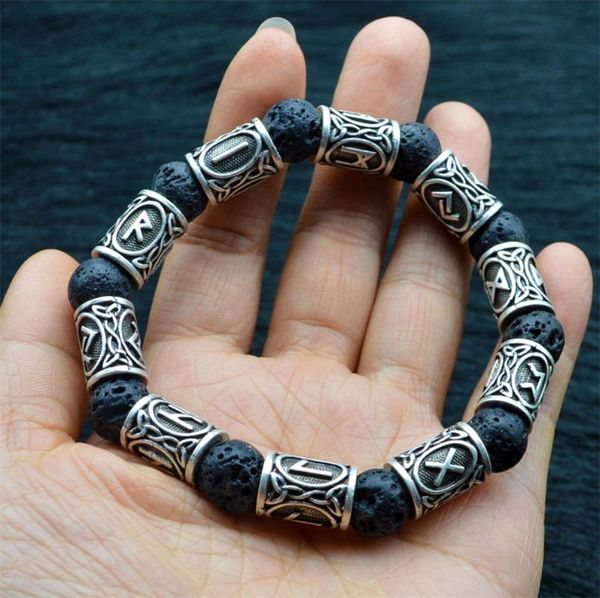 Bracelets de charme Bracelet noir naturel à la mode rétro alliage Viking Rune perles de pierre de lave pour hommes femmes bracelet bijoux personnalité cadeaucharm