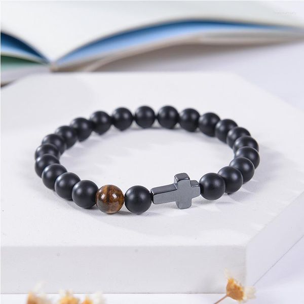 Bracelets porte-bonheur naturel noir givré jaune oeil de tigre Bracelet pour hommes Couple croix extensible perlé papier carte fête bijoux accessoire