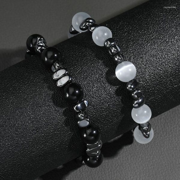 Bracelets porte-bonheur naturel noir calcul biliaire Couples perles Bracelet classique opale titane acier adapté femmes hommes bijoux de mode