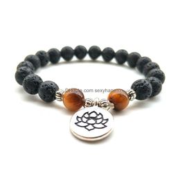 Bracelets à breloques Pierre de lave noire naturelle Oeil de tigre Lotus Bracelet Vaolcano Aromathérapie Diffuseur d'huiles essentielles pour femmes Yoga Jewel Dhpmo