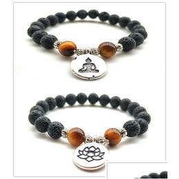 Bracelets de charme Naturel Black Lava Stone Tigers Eye Lotus Bracelet Vaolcano Aromathérapie Diffuseur d'huile essentielle pour femmes Yoga Bijoux Dh8Uv