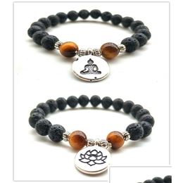 Bracelets de charme Naturel Black Lava Stone Tigers Eye Lotus Bracelet Vaolcano Aromathérapie Diffuseur d'huile essentielle pour les femmes Yo Dhgarden Dhia4