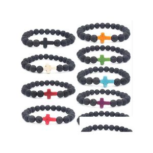 Bracelets de charme Naturel Black Lava Stone Cross Bracelet DIY Aromathérapie Huile Essentielle Diffuseur pour Femmes Hommes Bijoux Drop D Dhgarden Dhtyp