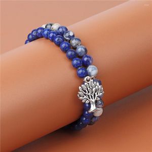 Charm Armbanden Natuurlijke Blauwe Gladde Ronde 6mm Kralen Armband Sodaliet Lapis Lazuli Edelstenen Levensboom Mannen Vrouwen