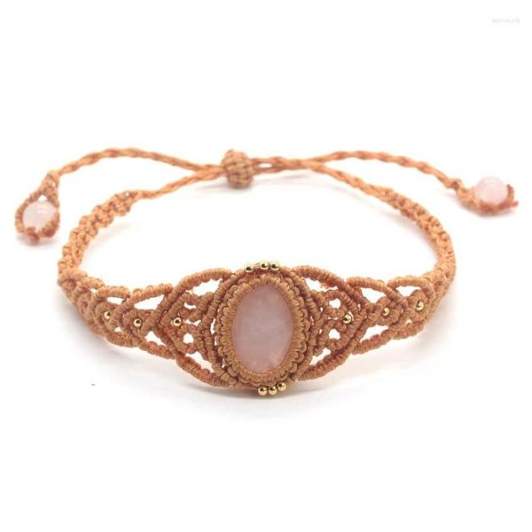 Pulseras de encanto Natural Cabochon Piedra Rosa Cristal Pulsera Trenzada Macrame Cuerda Púrpura Cuarzo Ajustable Para Mujeres Hombres Joyería