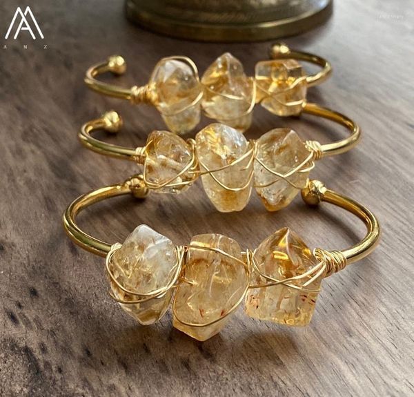 Pulseras con dijes Citrines naturales Cuarzo Brazalete de oro abierto Mujeres Piedra de cristal crudo Granos gruesos Brazalete Joyería Regalo DropCharm Lars22