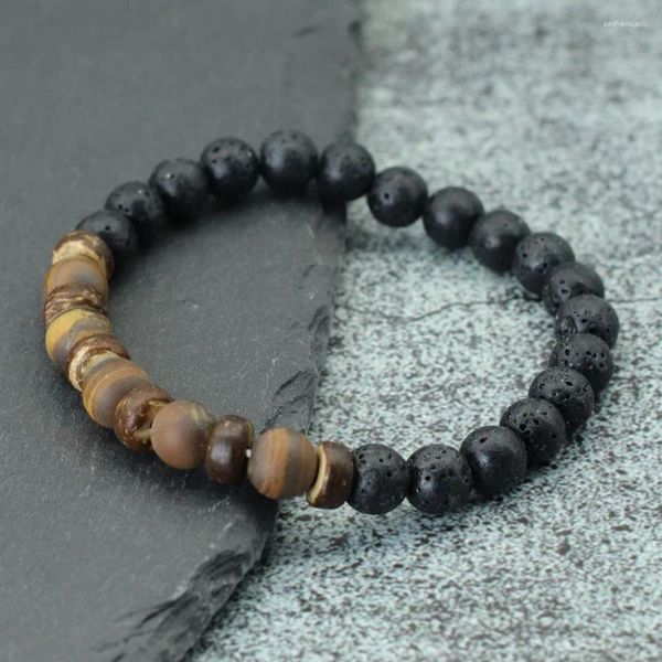 Pulseras de encanto Pulsera de cáscara de coco natural para hombres Vintage Frosted Tiger Eyes Sodalite Stone Braclet Black Volcanic Rock Braslet