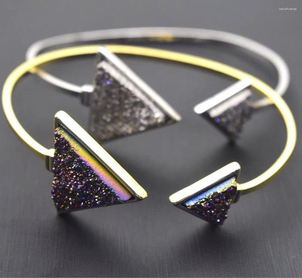 Bracelets de charme Plaqué cristal naturel Bracelet doré Bracelets en or ouverts pour femmes Unique Double extrémité Triangle forme bijoux en argent