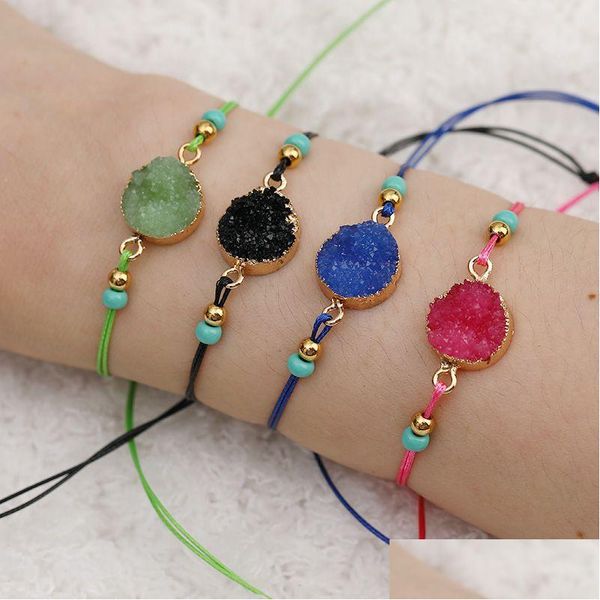 Pulseras con dijes Pulsera de cuentas de piedra de resina Druzy natural con tarjeta de deseos Cuerda azul roja Tejido ajustable para hombres Mujeres Drop De Dhj4F