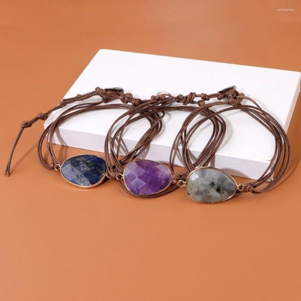 Pulseras con dijes en forma de huevo Natural amatista labradorita lapislázuli pulsera trenzada de cuerda de cuero ajustable para Mujeres Hombres joyería