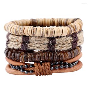 Bedelarmbanden natuurlijke mode sieraden kokosnoot shell heren bangle set legering kaak ketting wrap echte lederen punk