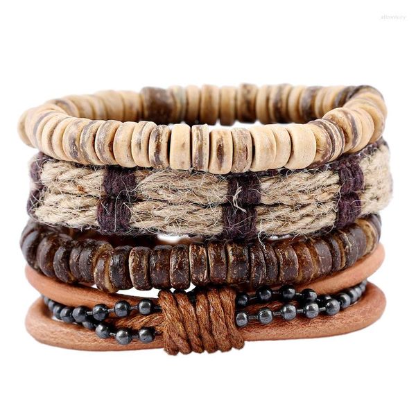 Bracelets porte-bonheur bijoux de mode naturelle coquille de noix de coco hommes bracelet ensemble alliage perle chaîne Wrap cuir véritable Punk