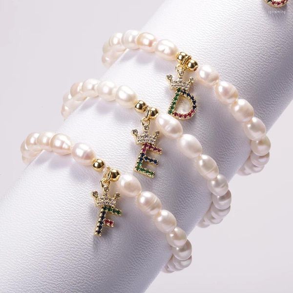 Bracelets de charme Perles d'eau douce naturelles Perles Charms Couronne A-Z Lettre Bracelet Mixte CZ 26 Initiales Pendentif Femmes Hommes Pour Cadeau