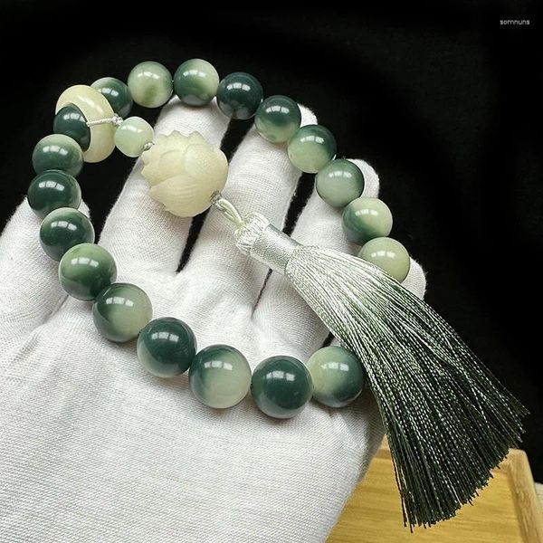 Bracelets de charme Naturel Vert Yin Peau Bodhi Racines Paysage Fleurs Flottantes Perles Rondes De Poche Avec Jade Blanc Lotus Bouddha