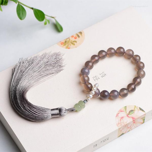 Pulseras con dijes Ágata gris natural de mano y loto con accesorios de anillo para correr de perlas Estilo simple de moda para niñas