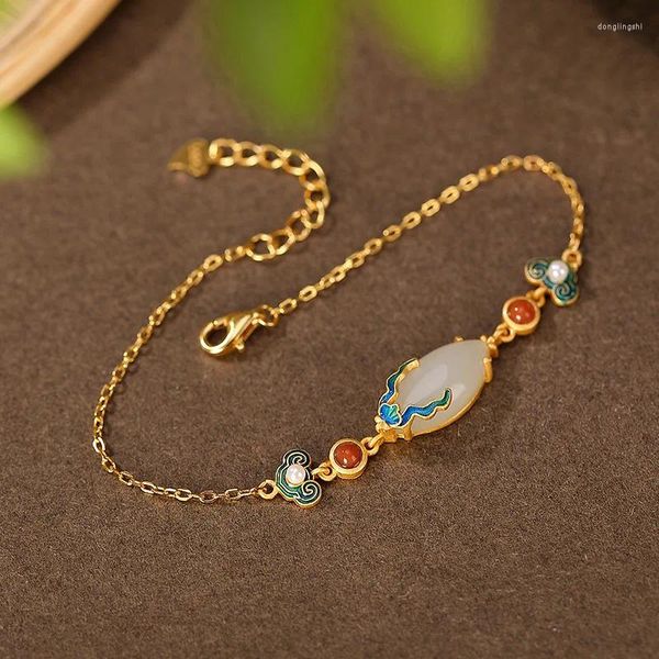 Braceletas Charmet Natural Jade Cloisonne Craft Pulsera S925 Sterling Plate Gold Ruyi Xiangyun South Red para mujeres