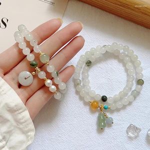 Bracelets de charme Bracelet en pierre de jadéite naturelle pour femmes avec gourde suspendue et perles de fleur de cloche pendentif charmant bijoux de mode