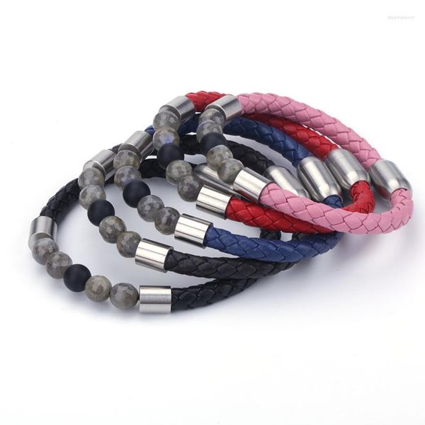 Bracelets de charme Perles de labradorite naturelle en acier inoxydable véritable rose noir bleu marine café foncé cuir aimant enveloppe bracelet unisexe bracelet