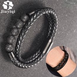 Bedelarmbanden natuurlijke lava stenen armband voor mannen zwart echt lederen roestvrijstalen magnetische gespanslange mannelijke hiphop punk man sieraden